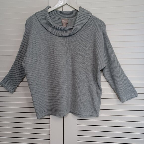 Chicos Top Gray Ribbed Knit Cowl Neck Pullover Sweater Womens Small Chicos 0 - Picture 2 of 8